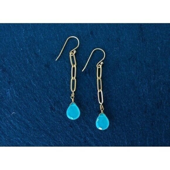 BUNDLE Aqua Chalcedony Drop Earrings & Amazonite Gemstone Bracelet Gold Chain - Picture 3 of 12